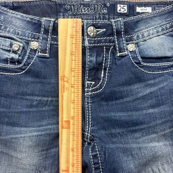 Miss Me Skinny Jeans Rhinestone Floral Pockets Distressed Medium Wash Size 25 - Picture 7 of 12